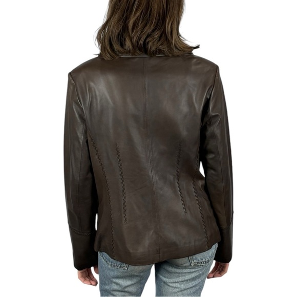 JONES NEW YORK 90S ZIP FRONT STITCHED TRIM TAILORED CLASSIC BROWN LEATHER JACKET - Picture 3 of 14